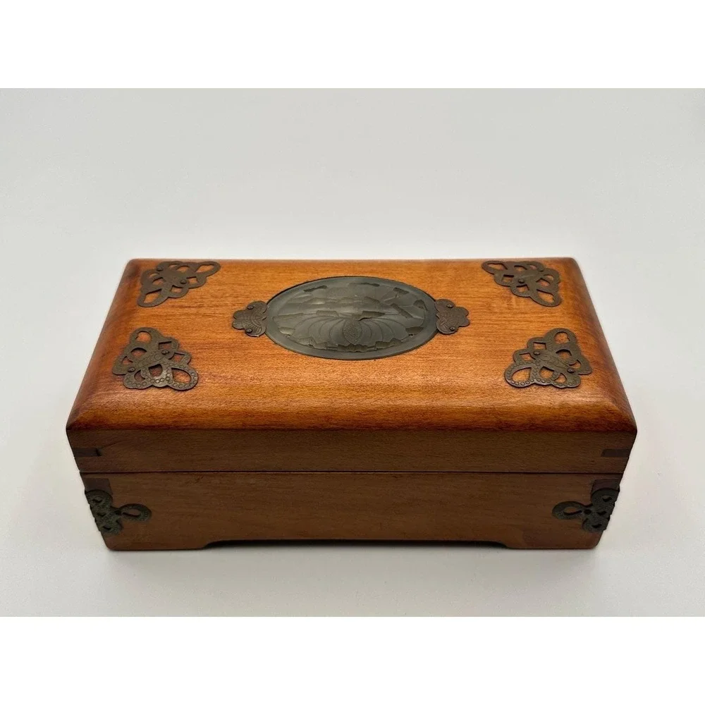 Vintage Wooden Jewelry Box Carved Stone Medallion Keepsake Storage